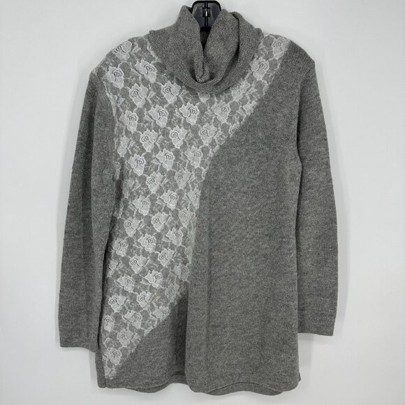 Soft Surroundings Turtleneck Floral Lace Asymmetrical Sweater Relaxed Fit Gray - Picture 1 of 6